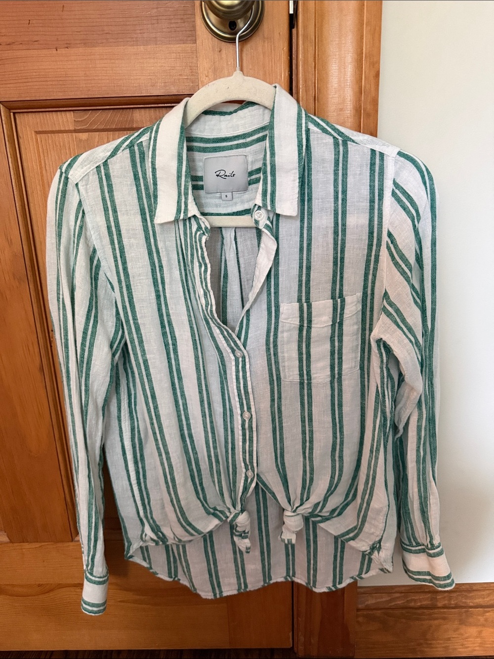 Rails Green and White Striped Tie-Front Button Shirt